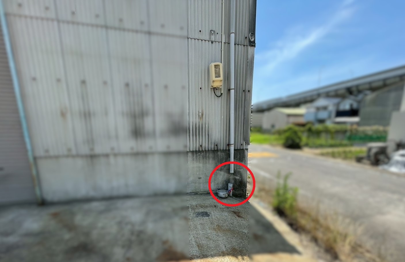 工場の欠損した竪樋