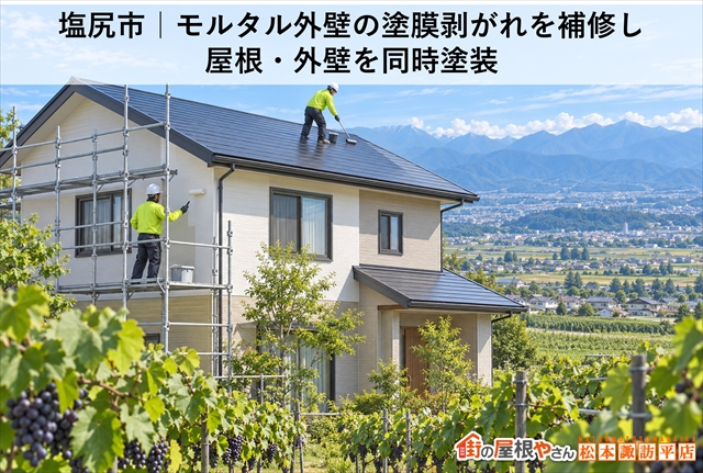 塩尻市｜モルタル外壁の塗膜剥がれを補修し屋根・外壁を同時塗装