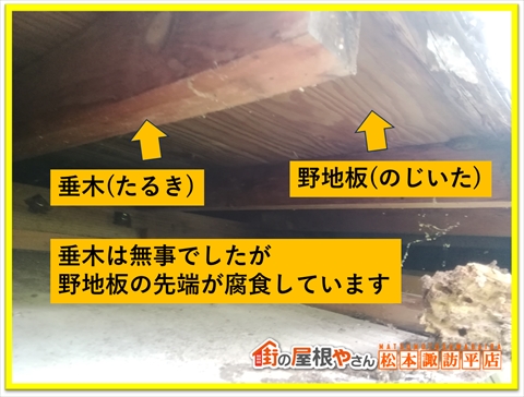 富士見町屋根現調　垂木の野地板の状態