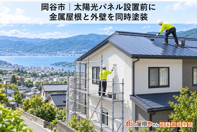 岡谷市｜太陽光パネル設置前に金属屋根と外壁を同時塗装