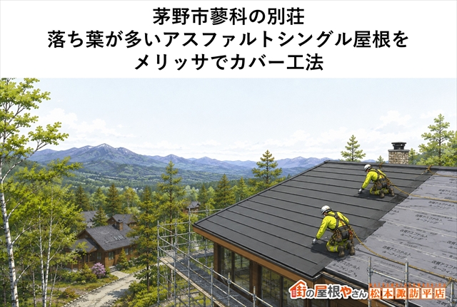 茅野市蓼科の別荘｜落ち葉が多いアスファルトシングル屋根をメリッサでカバー工法