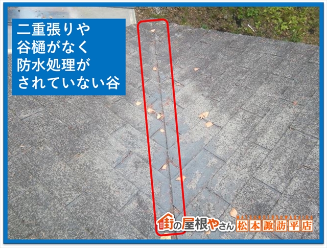 蓼科別荘屋根現地調査　谷のおさまり問題あり