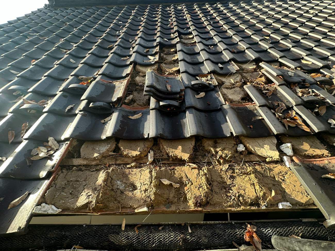 瓦の割れ修理中の様子