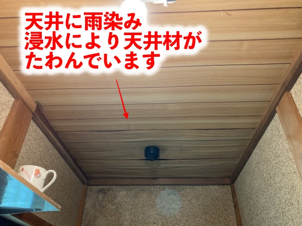 雨漏りによりトイレの天井がたわんでいる