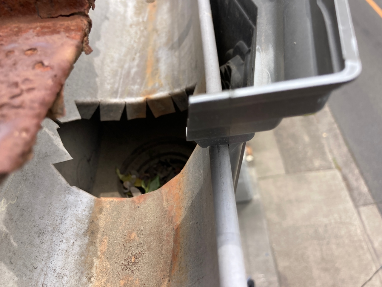 雨樋のつまり　雨樋の中に枯れ葉