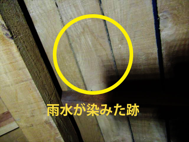 天井の雨漏りによるシミ