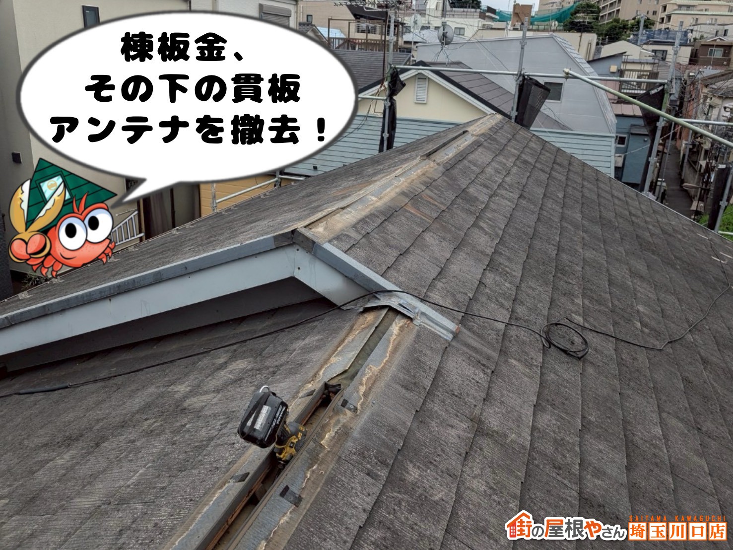 棟板金、その下の貫板、アンテナを撤去!