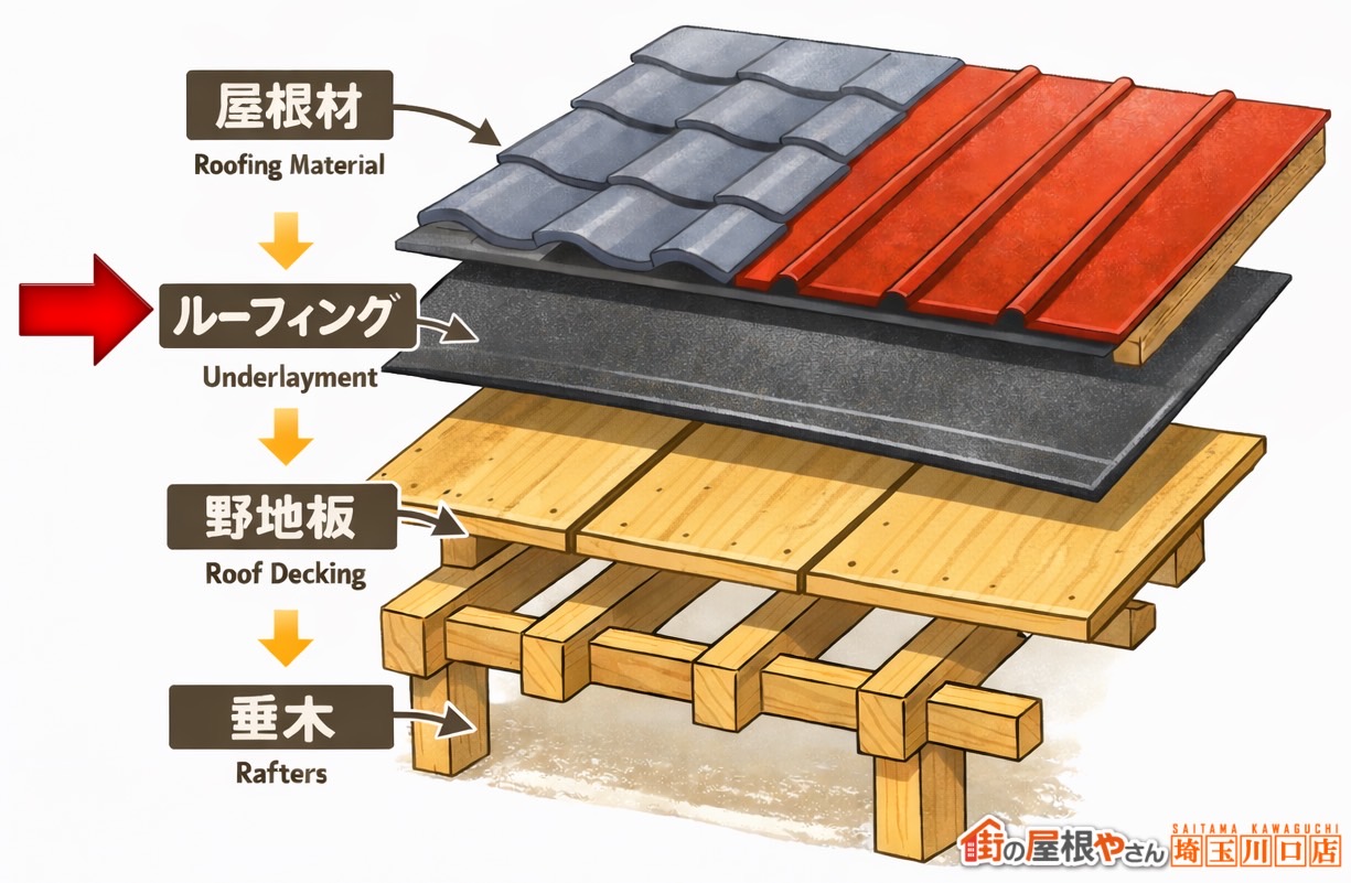 屋根構造　ルーフィング→
