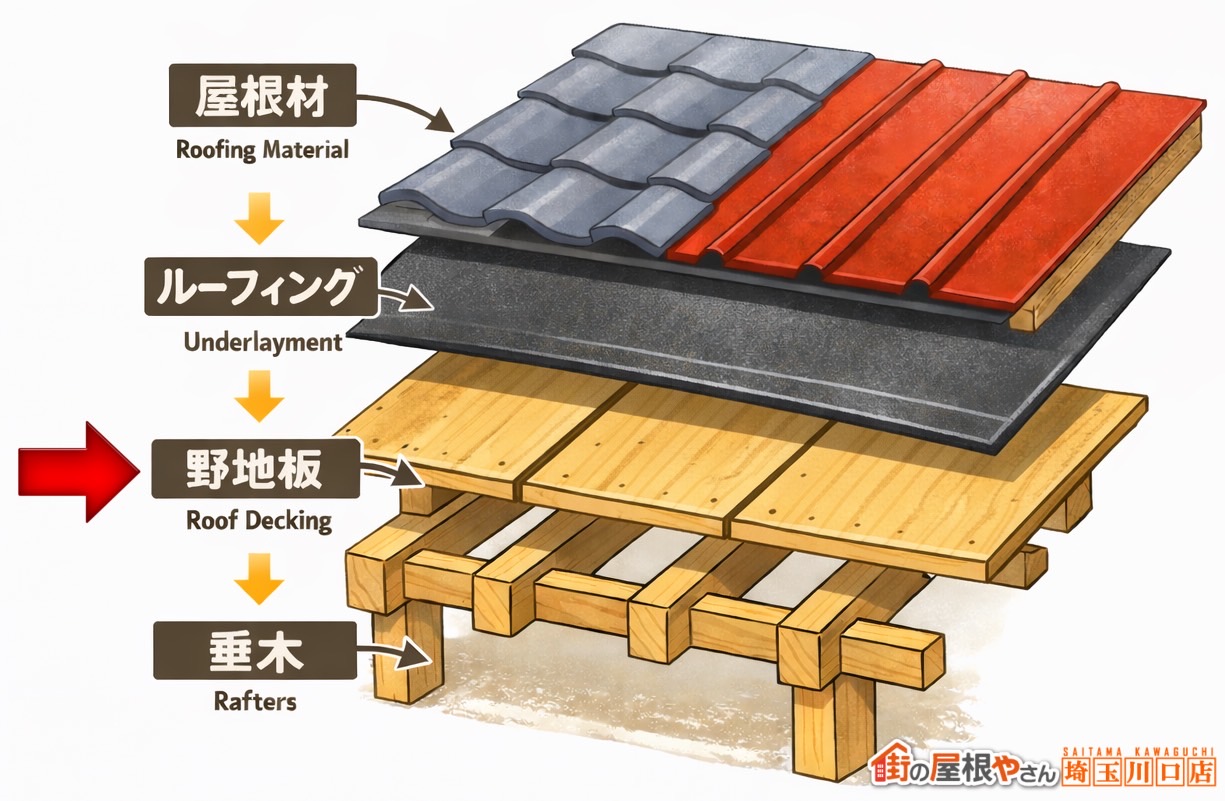 屋根構造　野地板→