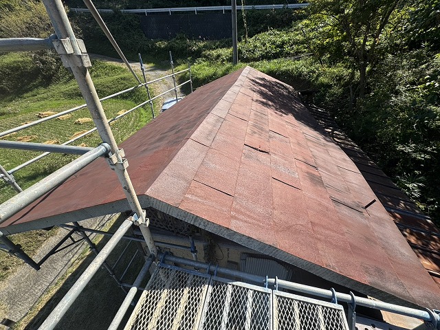 サビや破損が目立つ農作業小屋の金属屋根を足場上から見た全景