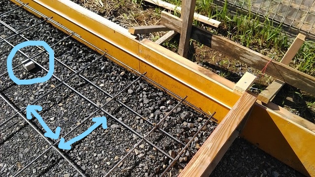 土間コンクリート用の型枠と鉄筋とスペーサーブロック