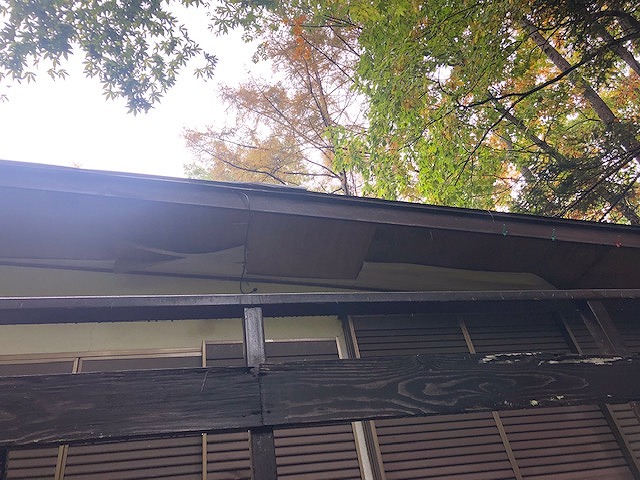 表面が剥がれたベニヤの軒天井