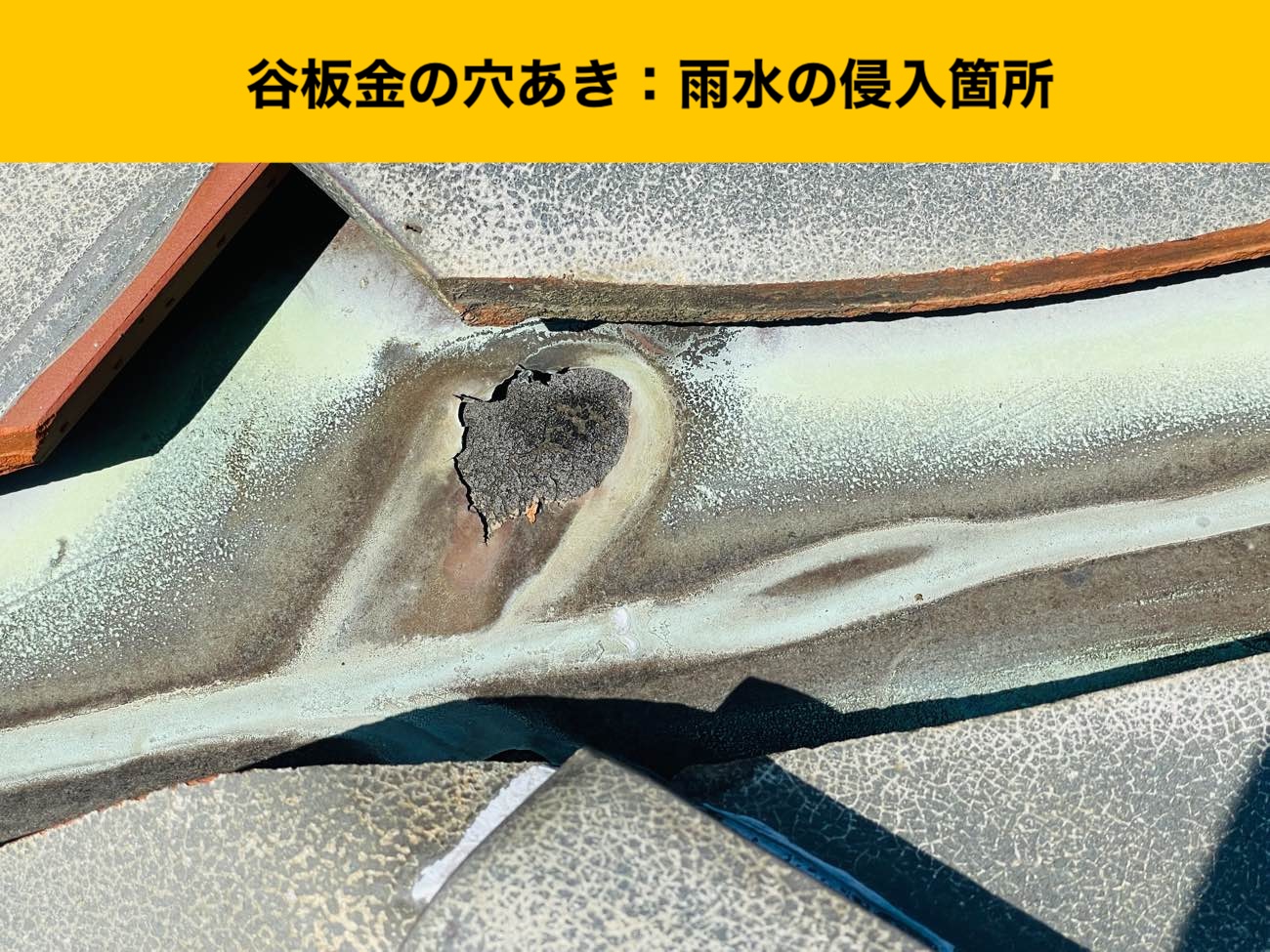 雨漏り調査、谷板金の穴あき