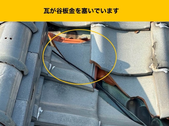 糸島市の屋根調査、瓦のずれ、谷板金