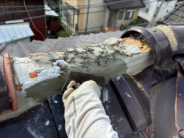 福岡市南区の屋根工事、棟瓦復旧