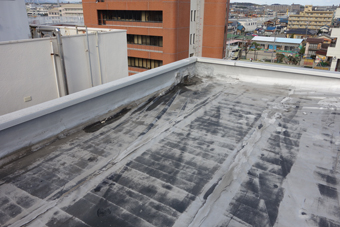 屋上のシート防水は浮き上がり波打っている。切れ目も見える。