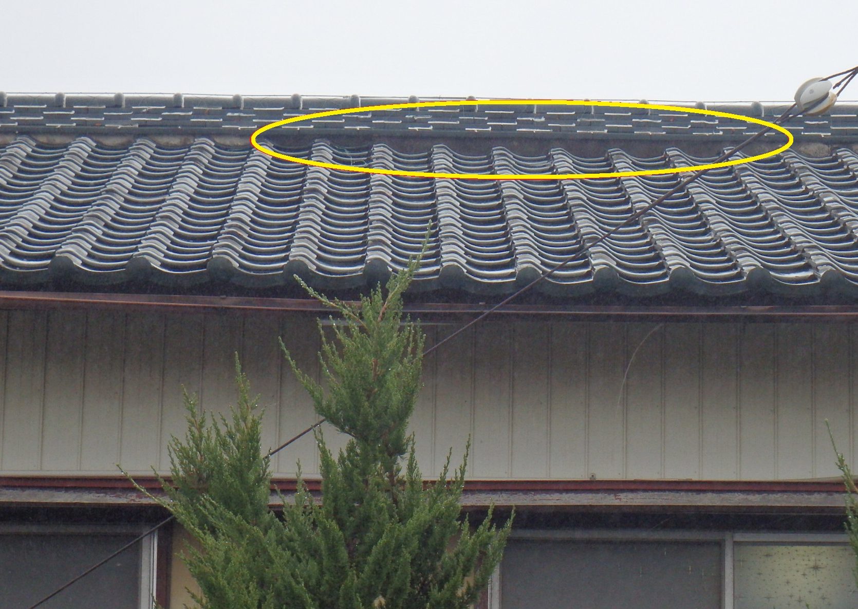 桑名市の築48年中古住宅、2階屋根瓦の棟部分漆喰剥がれ状況