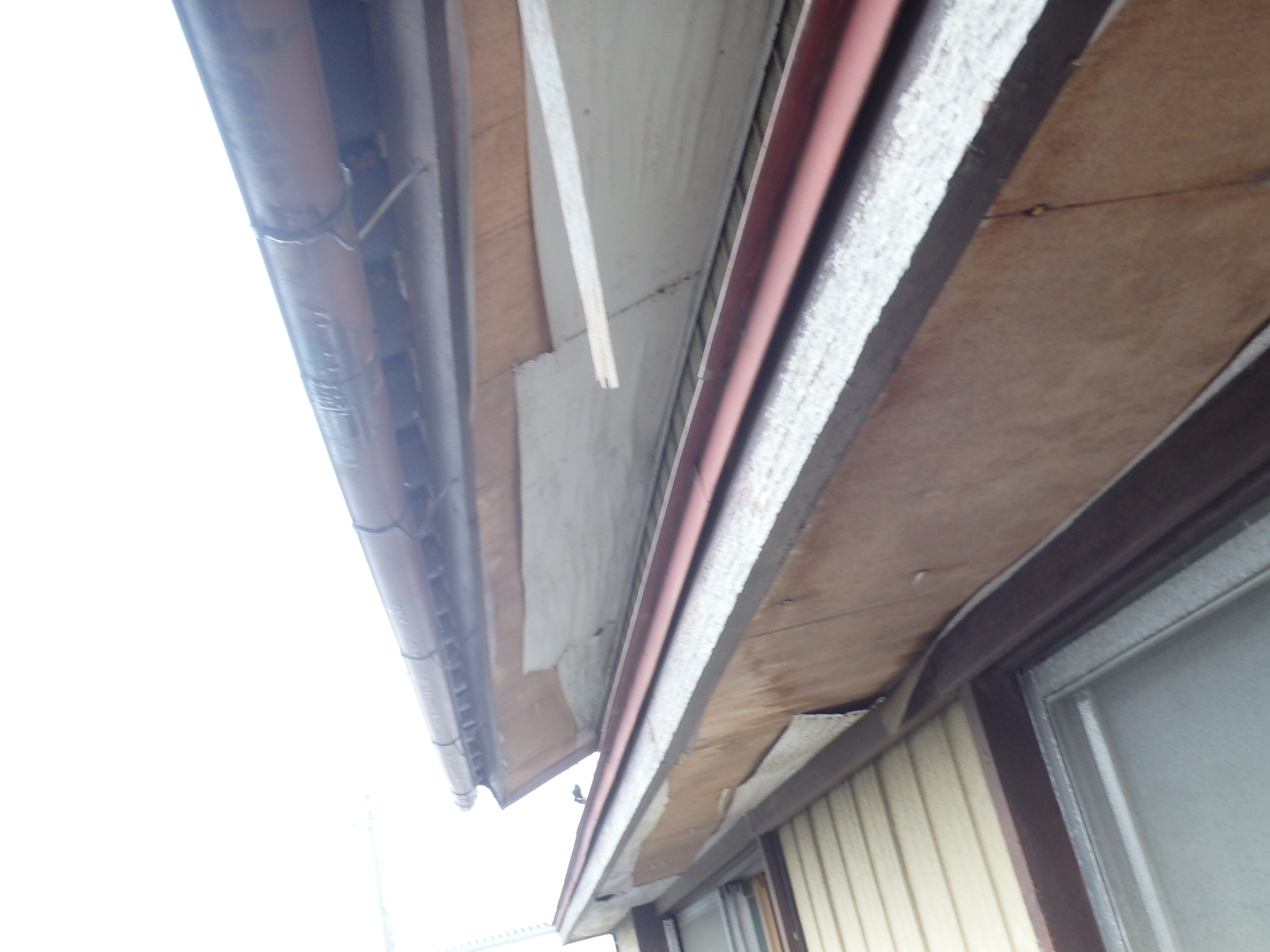 桑名市の築48年中古住宅、2階屋根瓦の軒天の剥がれ状況