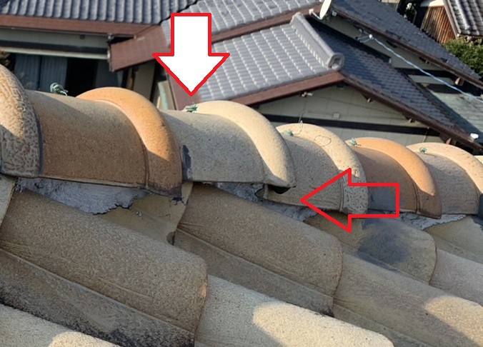 四日市市のS字瓦の下り棟ズレと釘の浮き