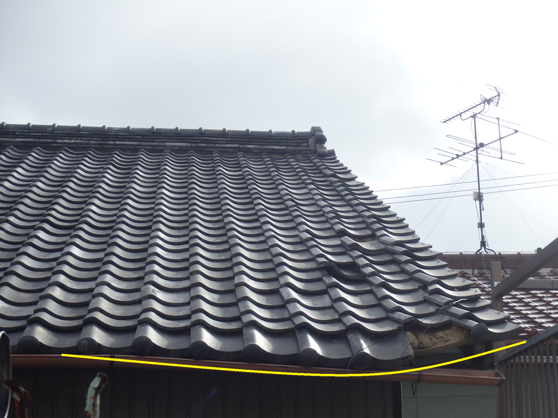 桑名市の瓦屋根、瓦の寿命を迎え、軒先も落ちこみ垂木も腐っている状態