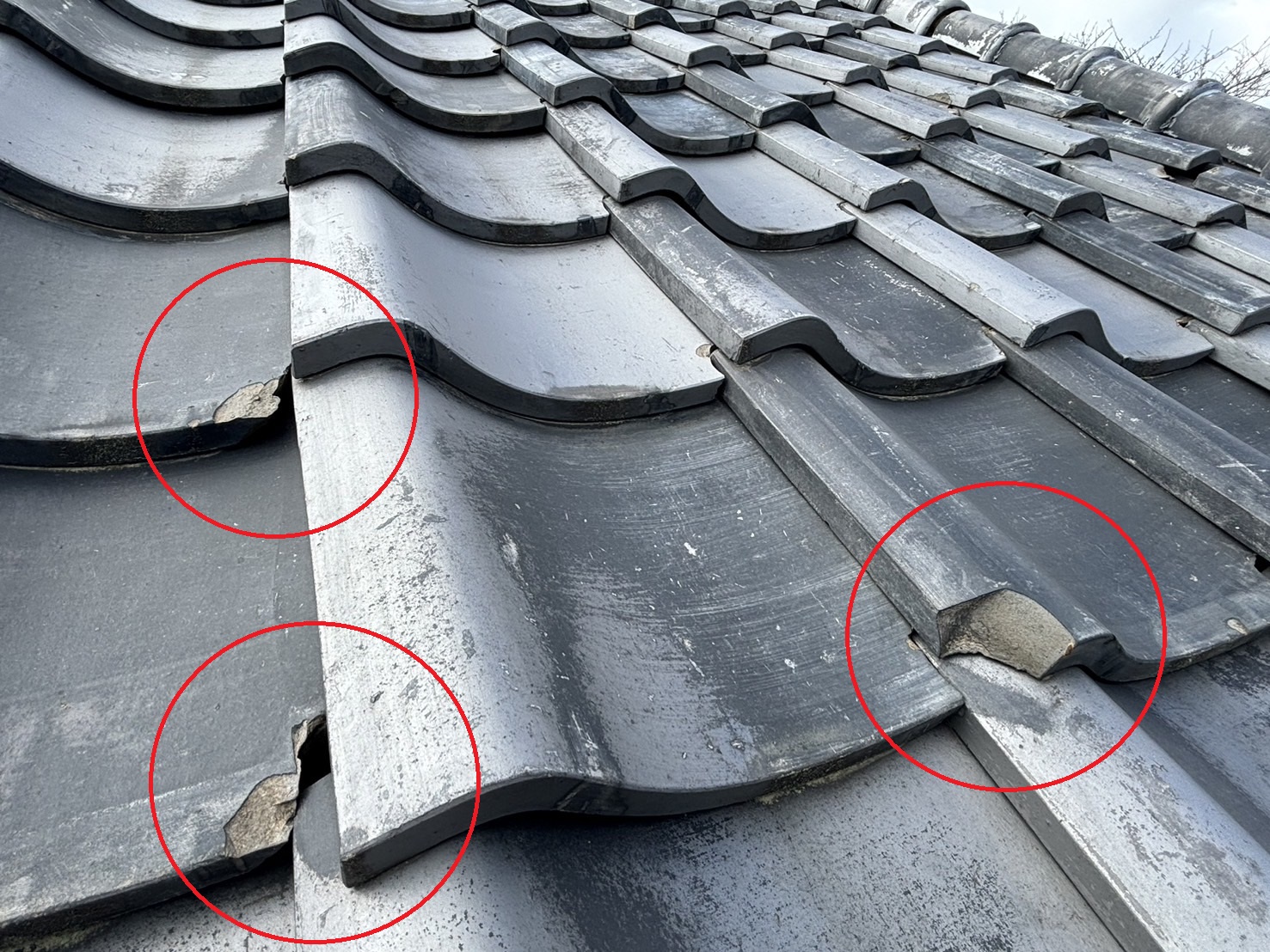 四日市市瓦の凍害により欠けが発生