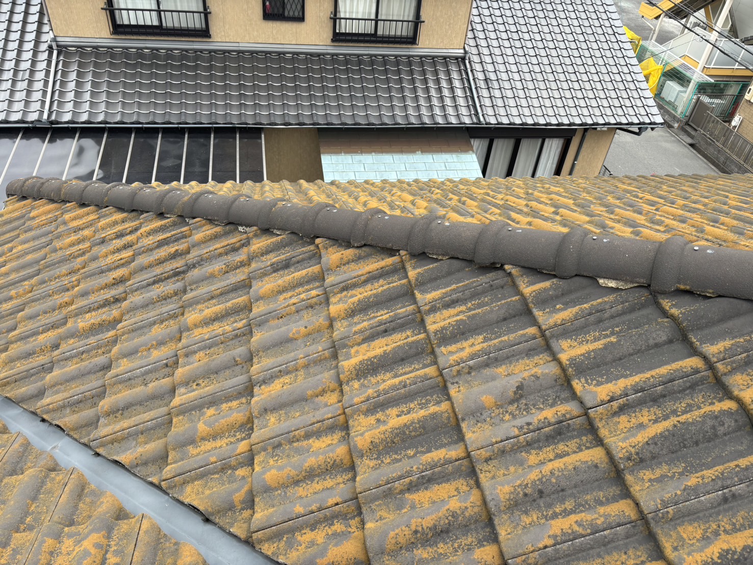 四日市市モニエル瓦のお宅、劣化して苔の生えた状態