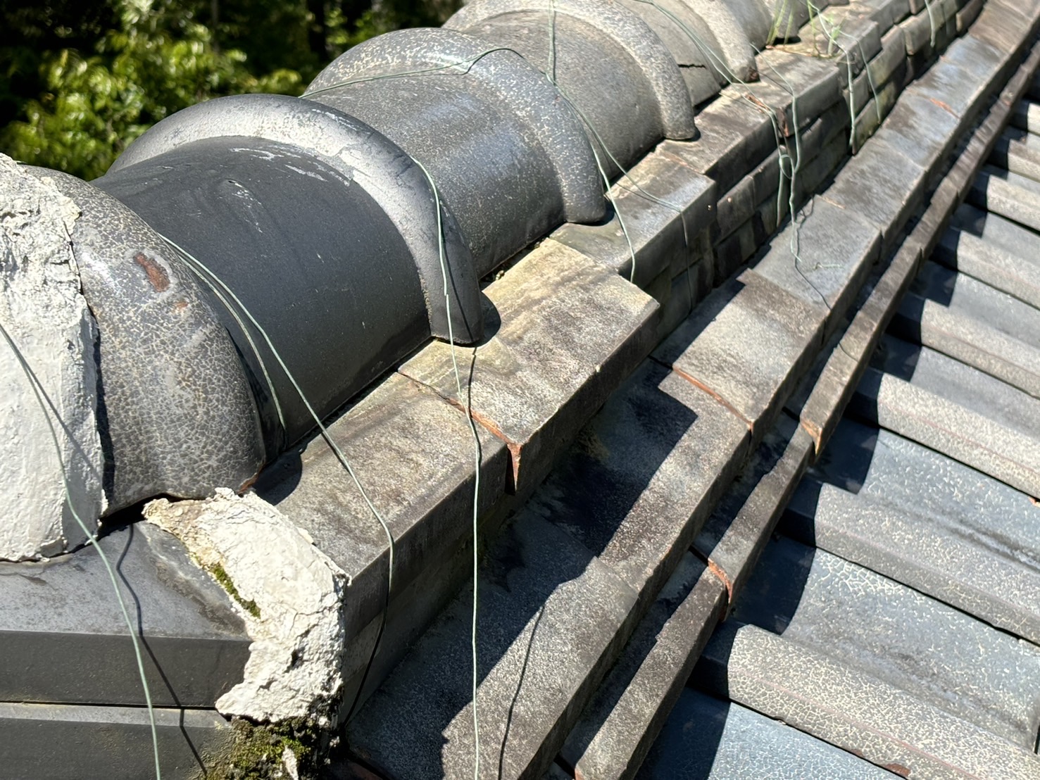 鈴鹿市の神社古い屋根瓦から雨漏れ、熨斗(のし)瓦がズレた状態