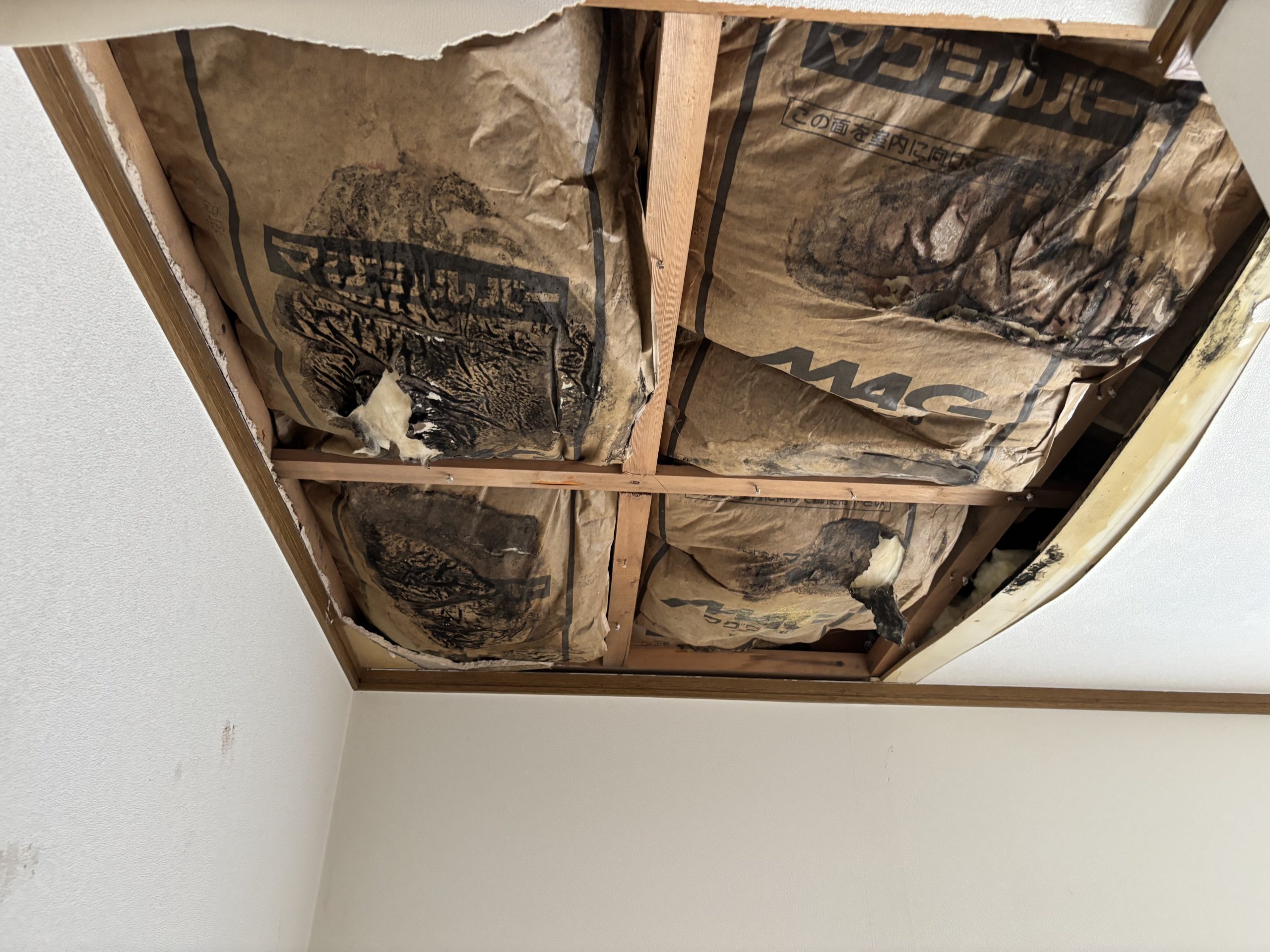 雨漏り被害を受けたベランダ下の天井の様子（剥がれあり）いなべ市