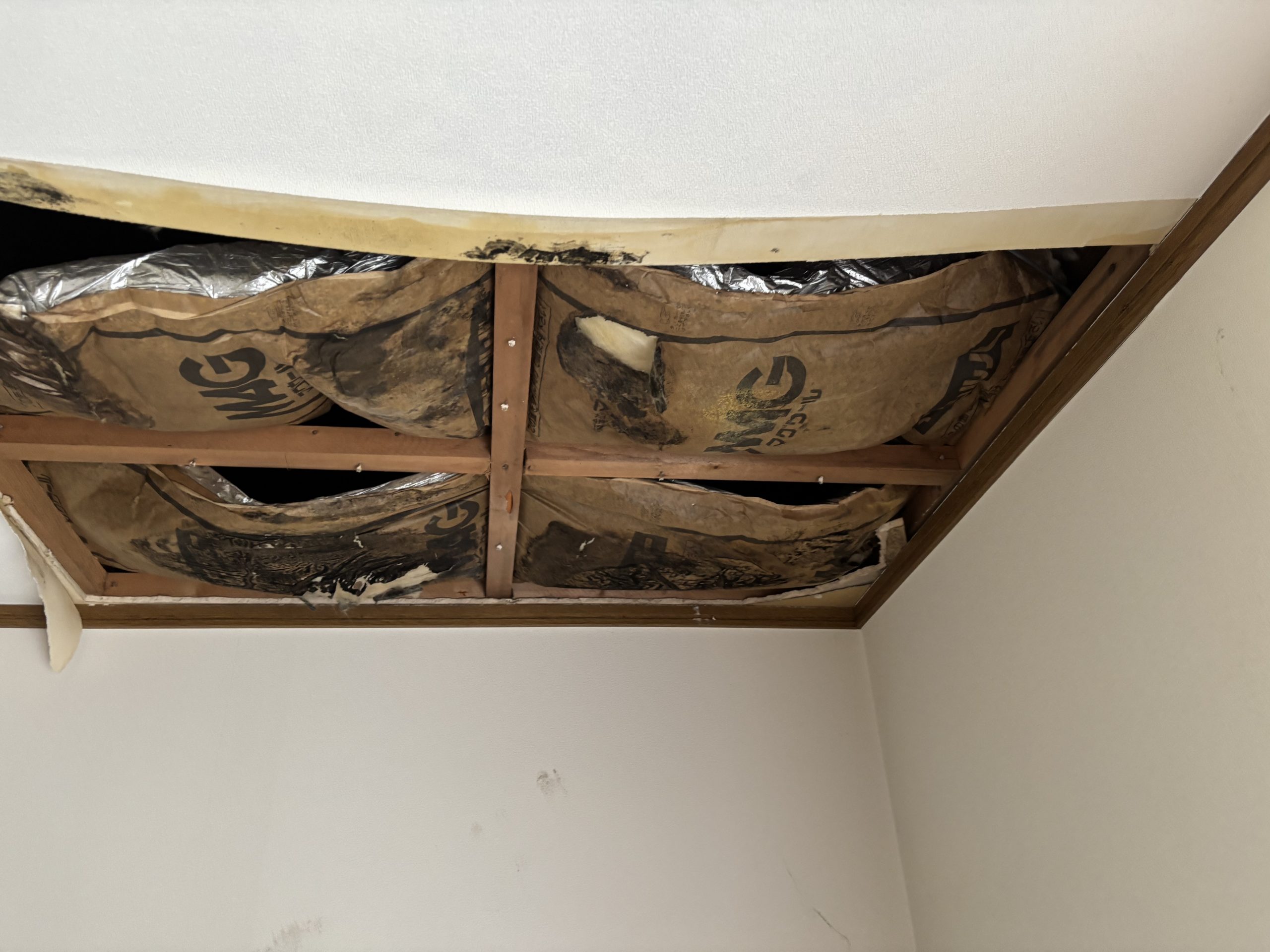雨漏り被害を受けたベランダ下の天井の様子（剥がれあり）いなべ市