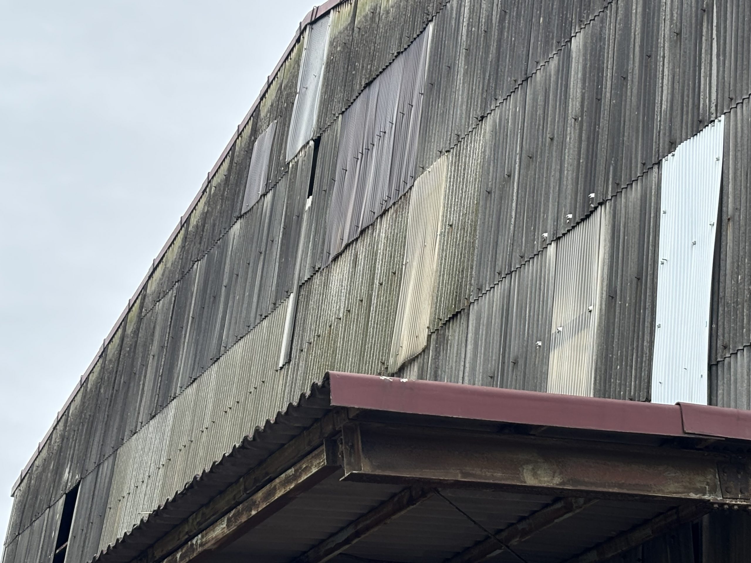 現地調査中の大型スレート倉庫全景桑名市