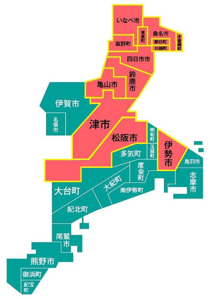 三重県の地図 「赤が対応エリア」