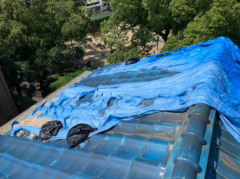 ブルーシートで応急措置