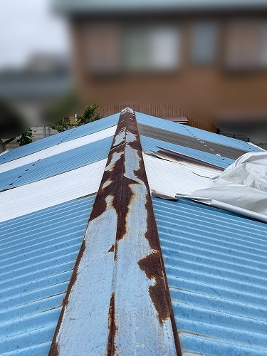 豊橋市　ポリカ　物置小屋　台風　棟板金サビ