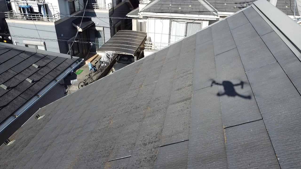 苔のはえたスレート屋根、雨染みも確認