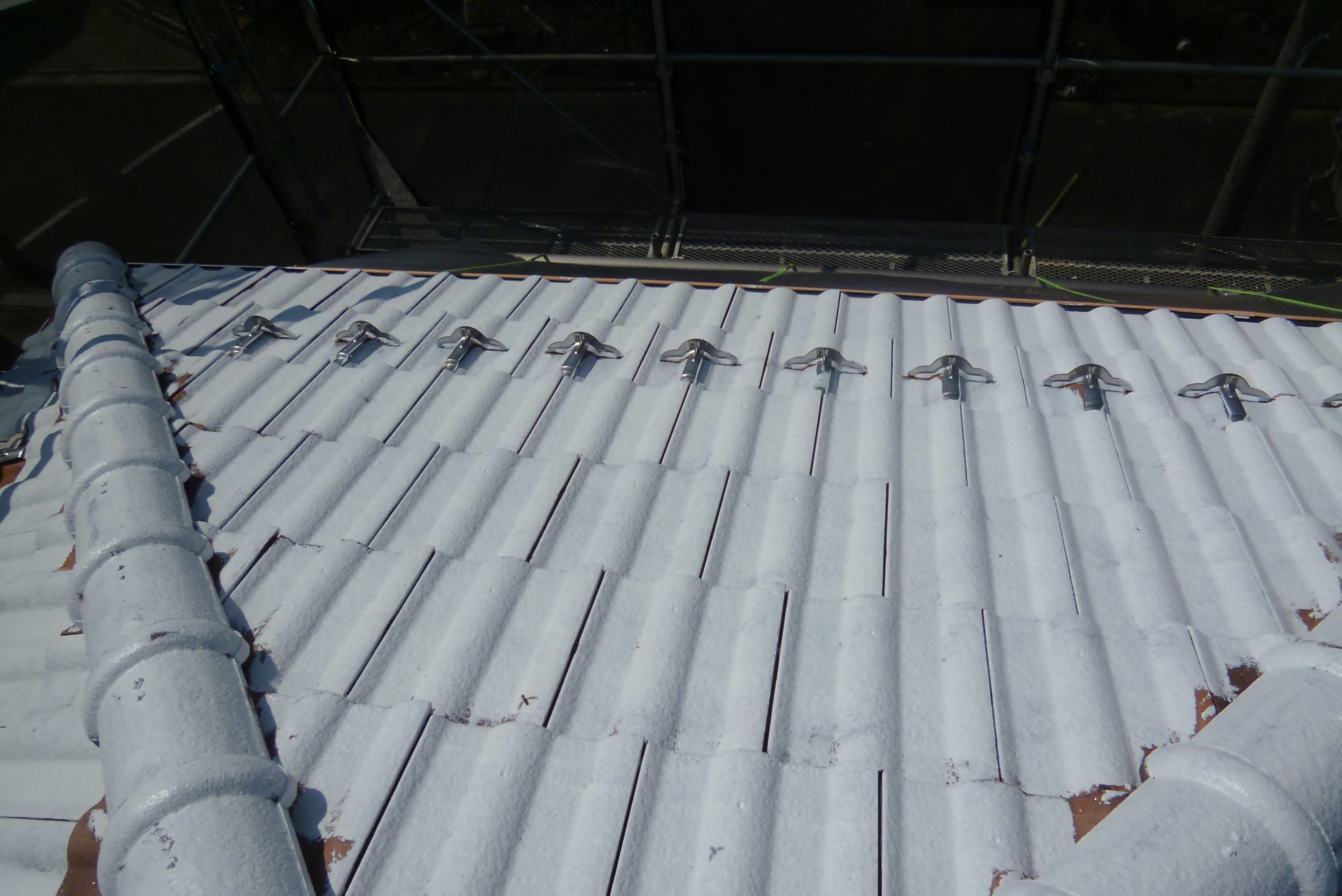 下塗り完了後の屋根面は均一な白に