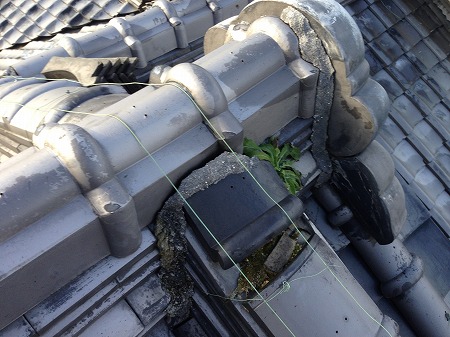 降り棟棟瓦ズレ、草木生え