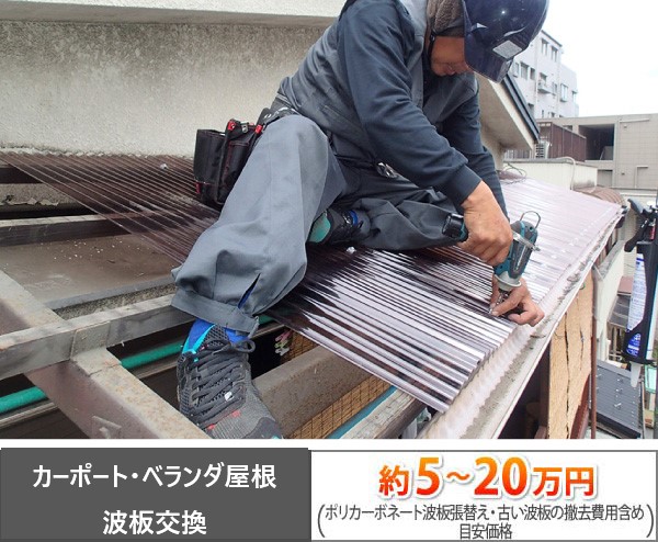 カーポート屋根　波板破損→ポリカの波板へ交換