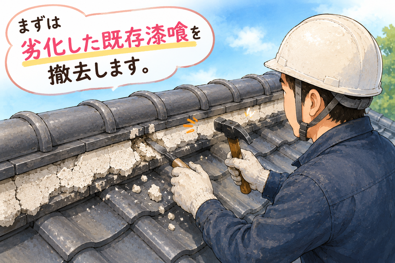 劣化した漆喰を撤去しました!