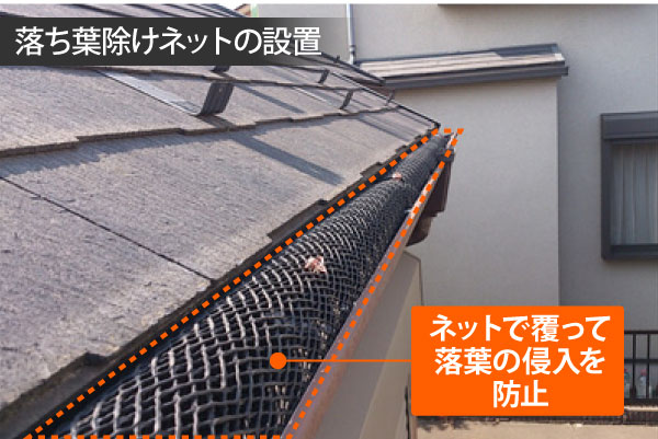 雨樋掃除の味方　落ち葉除けネット設置