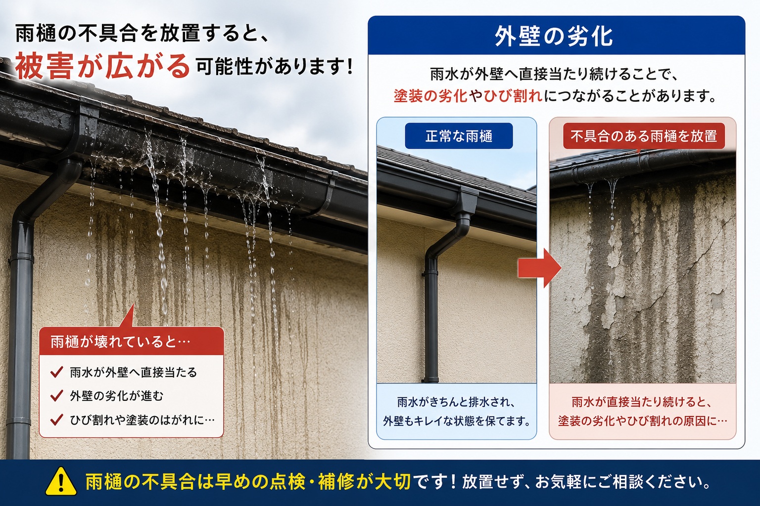 北本市雨樋の劣化を放置すると危険です