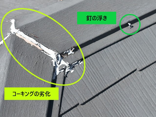 棟板金のコーキング劣化、釘浮き