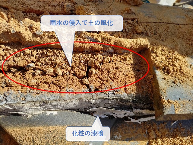 雨水で風化した棟の土