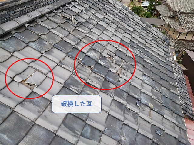 瓦の飛散で破損した瓦
