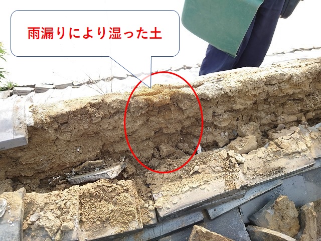 雨漏りにより大棟の土が湿った状態
