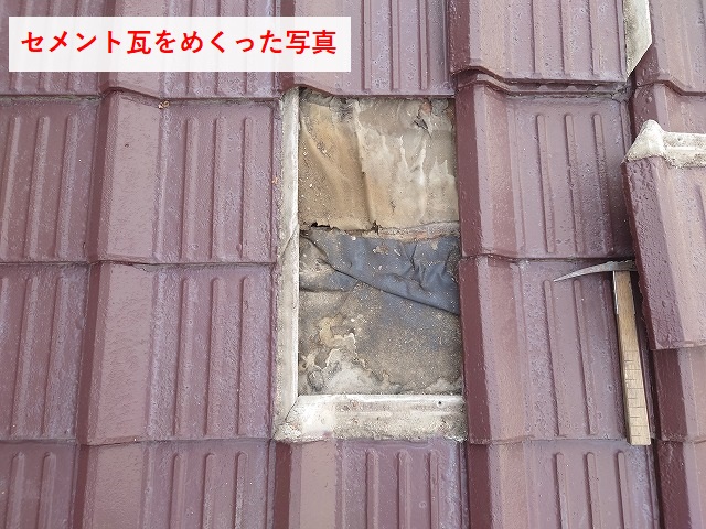 セメント瓦をめくった様子