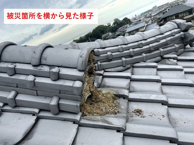 鬼瓦が落ちた降り棟の横からの写真