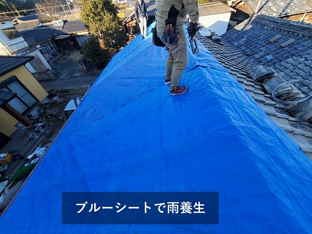 ブルーシートで雨養生