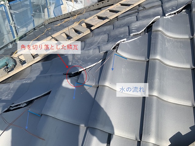 隅切りを行った鱗瓦