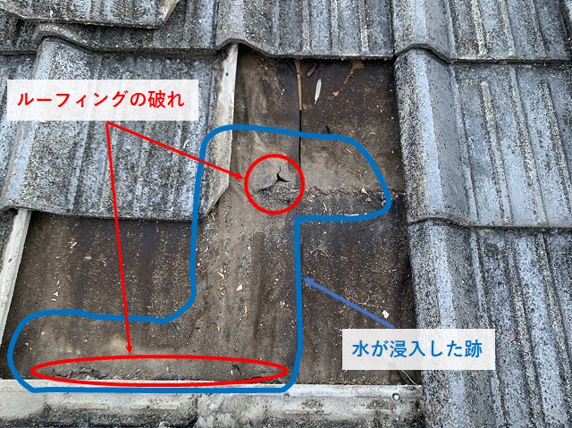 雨漏りの跡とルーフィングの穴