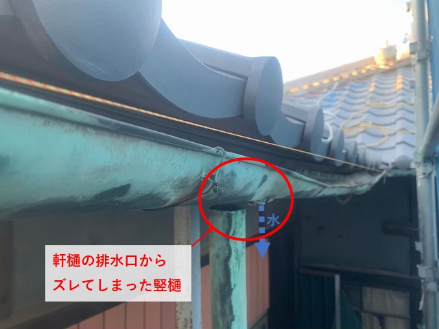 軒樋の排水口から外れた竪樋